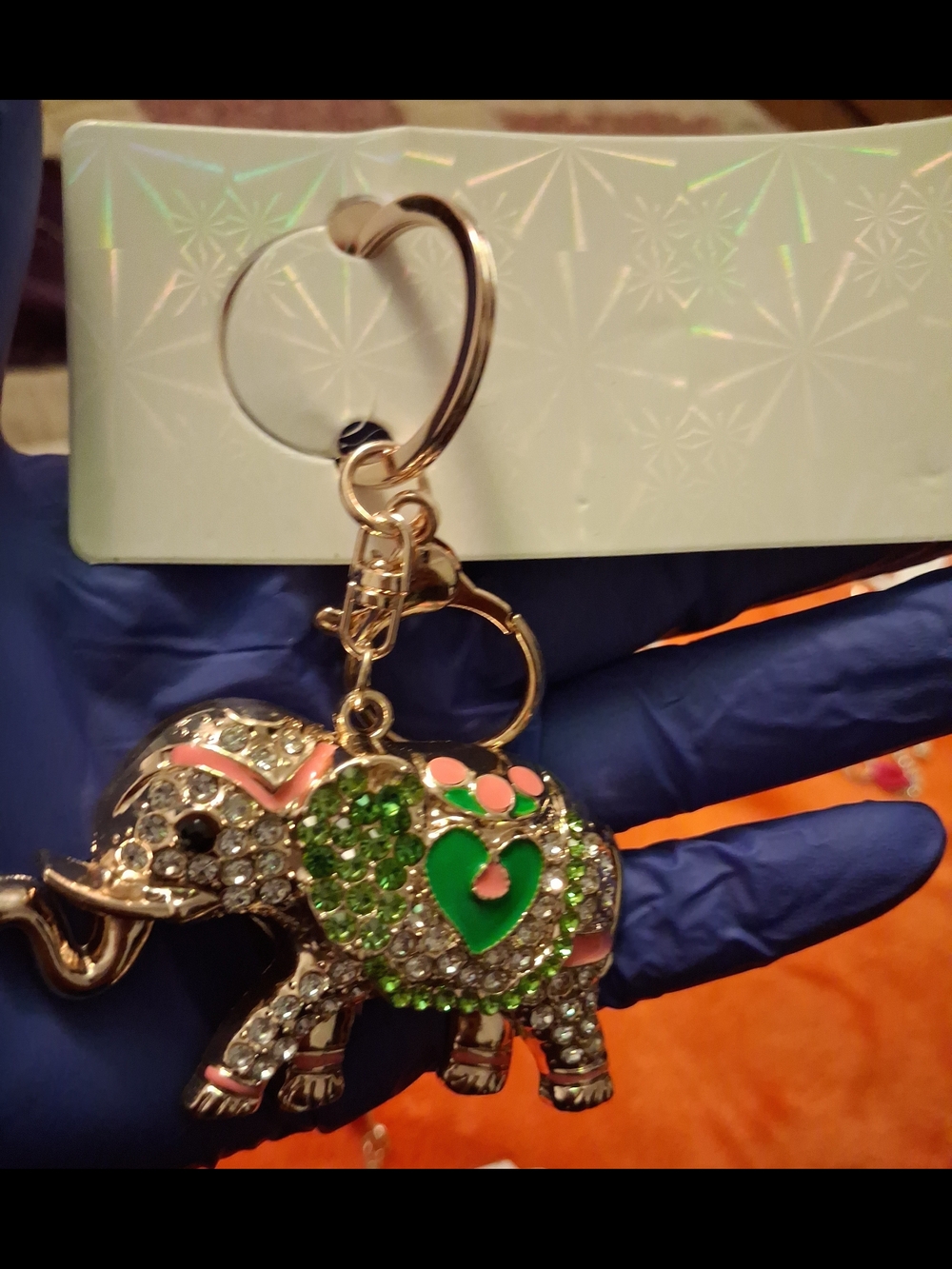 Rhinestone Elephant Keychain with Green Heart Accent